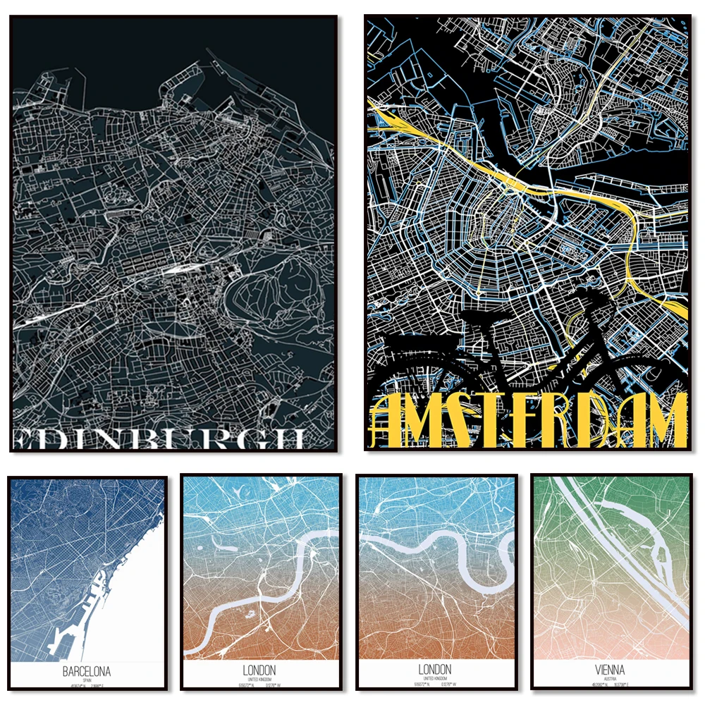 Edinburgh, Vienna City, Barcelona, Tower Bridge, London City Hyde Park, Amsterdam City Map Poster, Wall Art Canvas Print