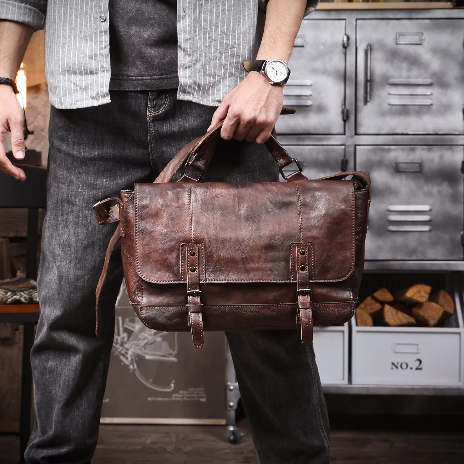 Vintage Herren-Umhängetasche aus hochwertigem Leder, lässige Messenger-Tasche, große horizontale quadratische Schultertasche – Detail 7