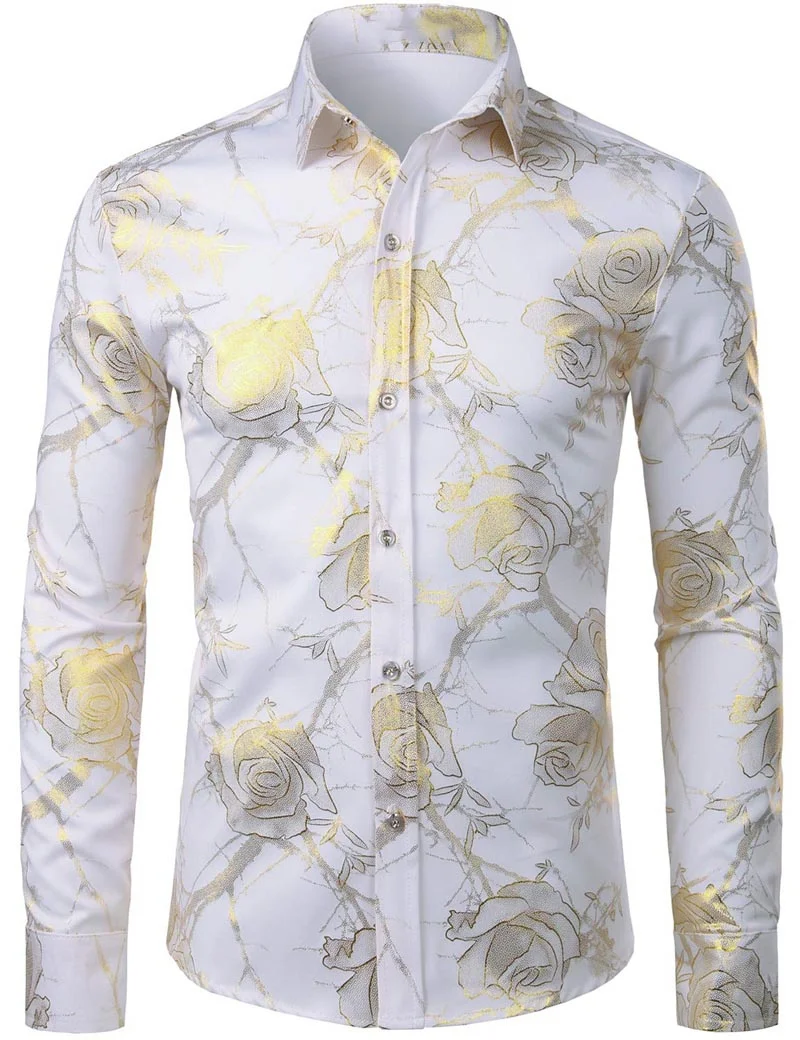 Gold Rose Floral 3d Print Shirts Brand Floral Steampunk Chemise White Long Sleeve Shirt Wedding Party Bronzing Unisex Clothes