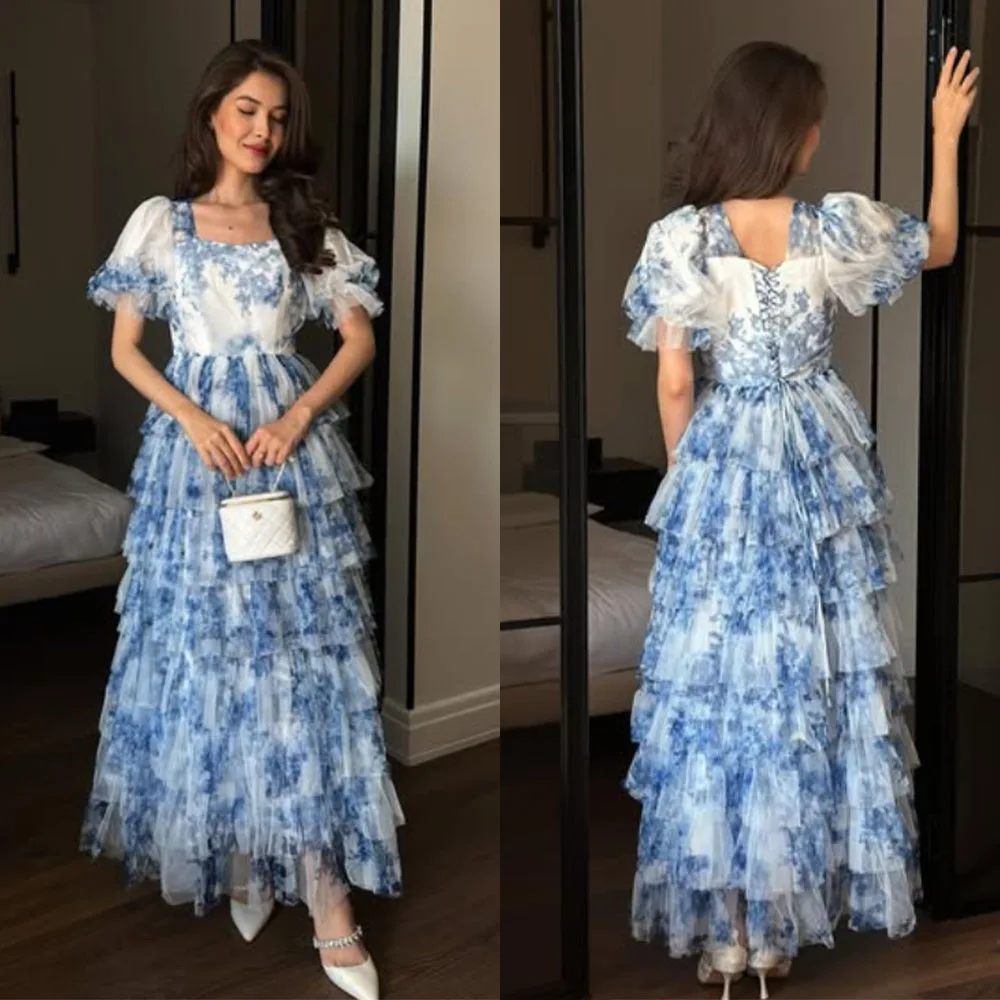 

High Quality Customized Ankle Length Short Sleeves Tiered Pleat Square Collar Vestido De Festa De Casamento فساتين السهرة فستان