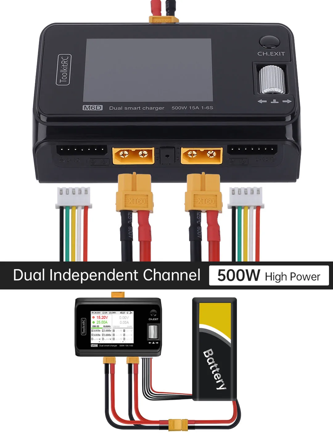 ToolkitRC M6D 500W 15A DC Dual Channel MINI Smart Charger Discharger For 1-6S Lipo Battery FPV Model Spare Part Replace M8