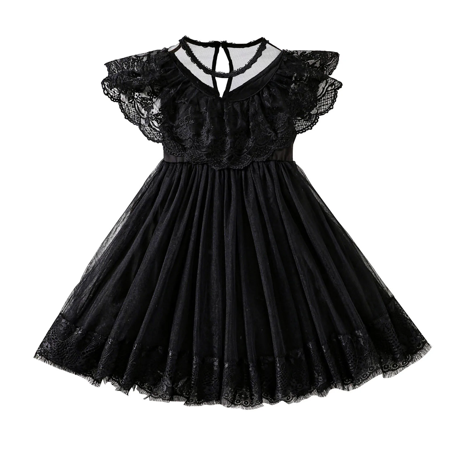 2024 Summer New Arrival Girls Lace Tulle Dress Sleeveless O Neck Lace Black Designer Cute Party Princess Dresses Custume 2-6T