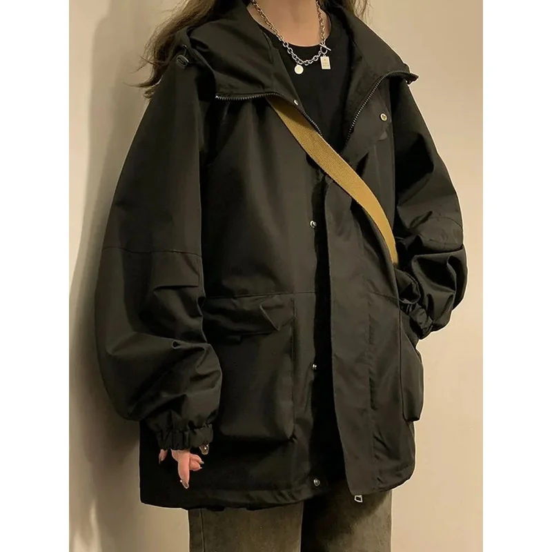 Oversized Hooded Jacket Women Vintage Loose Windbreaker Jackets Female Korean Stylish Harajuku Casual Zipper Coat Lady Jaqueta