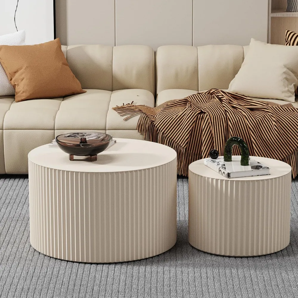 Round Coffee Table Set of 2 Modern Nesting Coffee Tables for Living Room Wave Stripe Round Coffee Table Circular Nested
