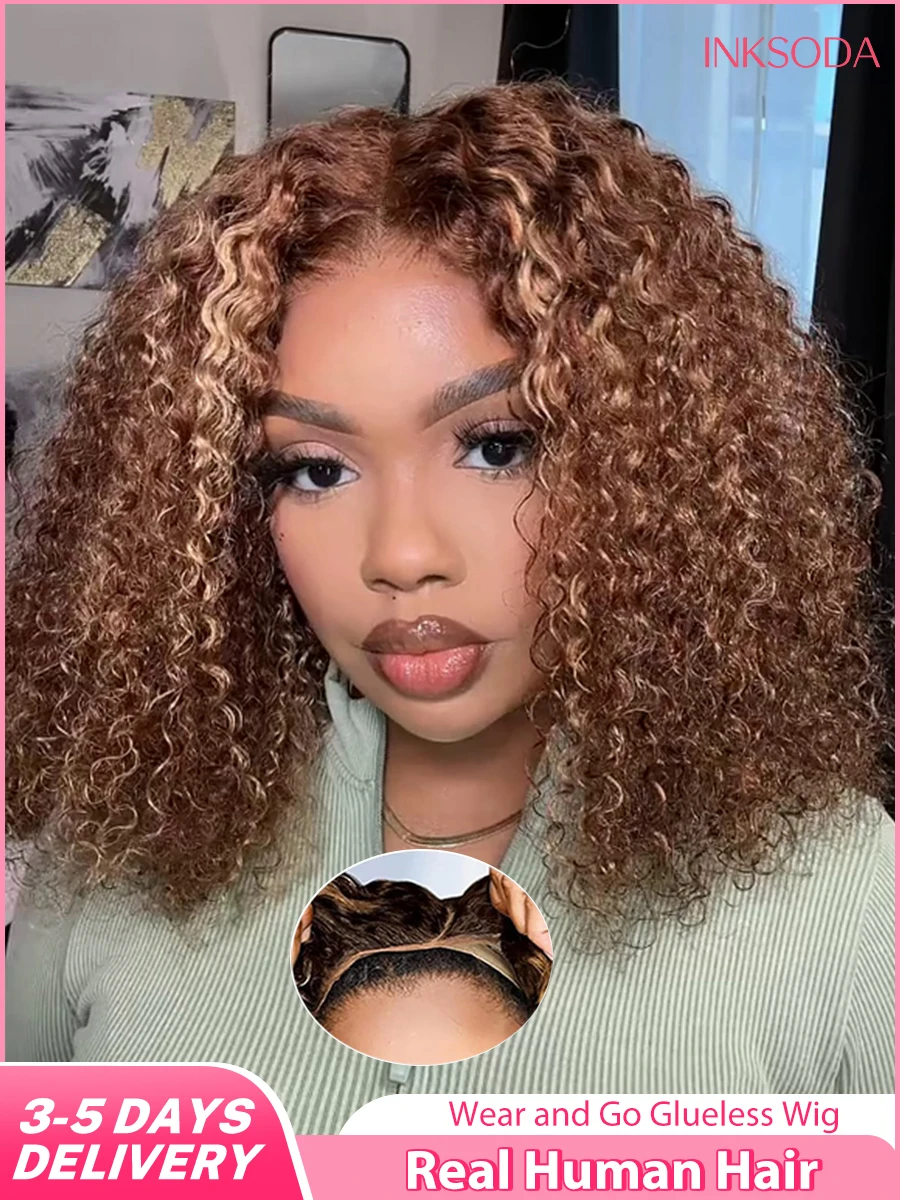 

Glueless Bob Wig Human Hair Highlight 5x5 HD Lace Closure Wig Curly Short 427 Honey Blonde Colored Deep Wave Wig For Black Women