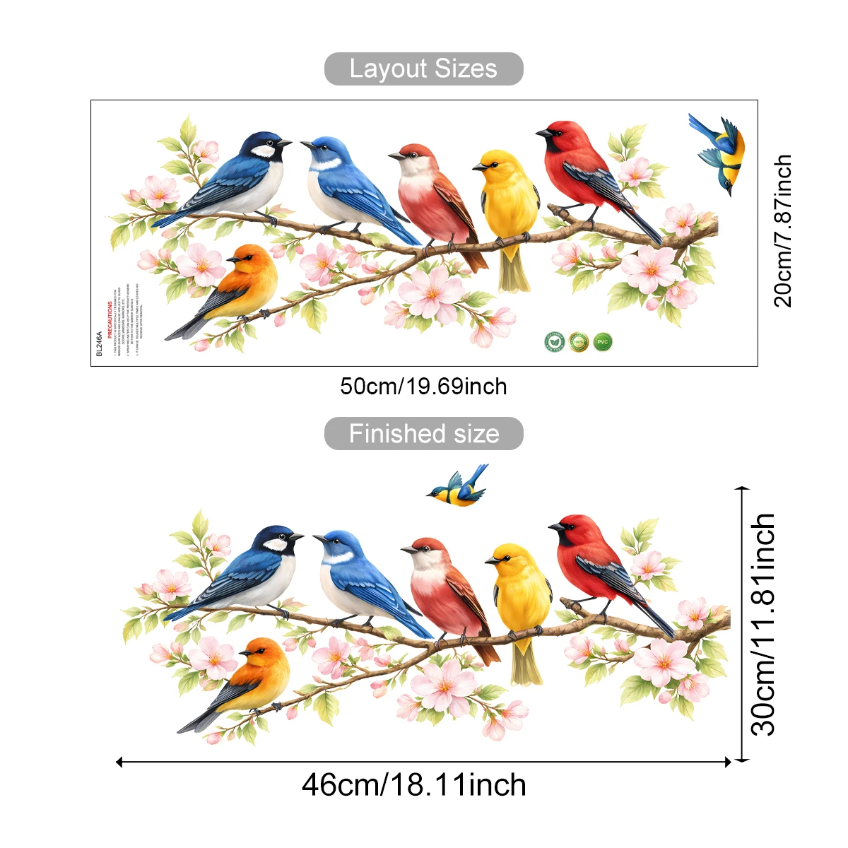 Watercolor Birds & Cherry Blossoms Window Stickers,Static Clings,Colorful Bird Floral Decals for Home Office,Spring Home Decor view 6
