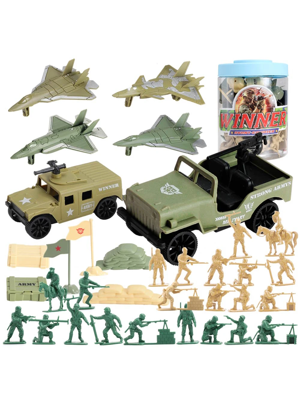 

ViiKONDO Army Men Toy Military Playset Green vs Tan Soldier 36pcs Storage Bucket Armor Vehicle Model Jet Map Wargame Boy's Gift