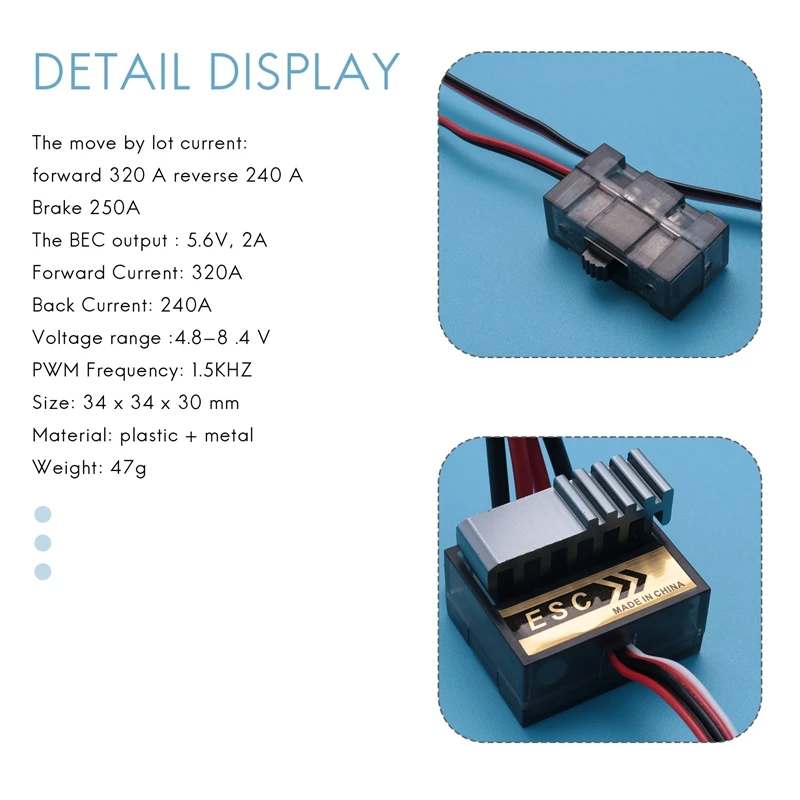 Controlador de velocidad para coche y barco teledirigido, cepillo cepillado de 2 piezas, 320A, ESC /w, marcha atrás, 1/8, 1/10