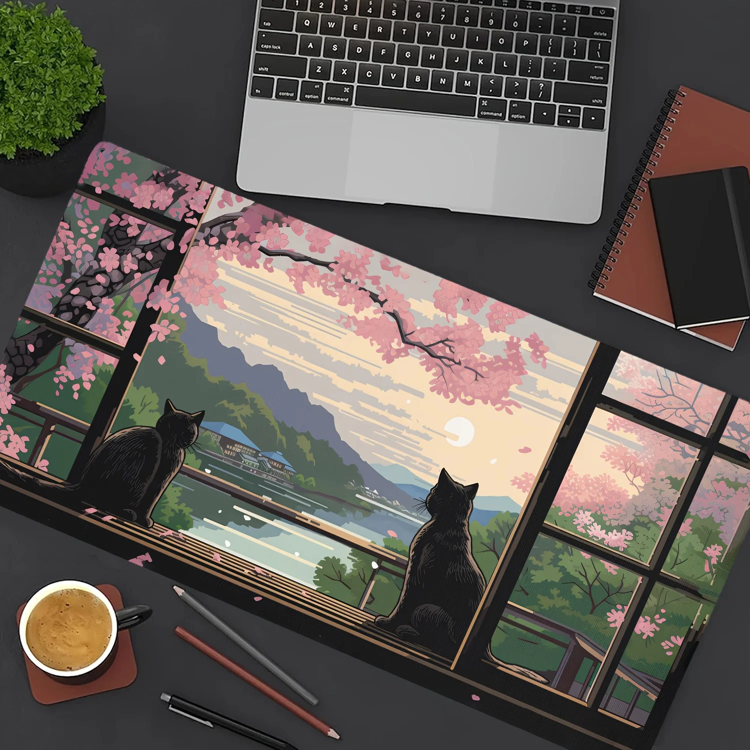 Podkładka pod mysz z motywem kwiatu wiśni i czarnego kota, duża mata na biurko z obszytymi krawędziami, gumowa antypoślizgowa podkładka pod klawiaturę, akcesoria do komputera, mata do gier.