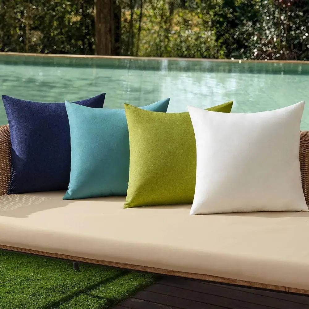 Set of 4 Linen Outdoor Pillow Covers, Waterproof, 18x18 Inches, Blue Green for Patio, Garden, Sofa