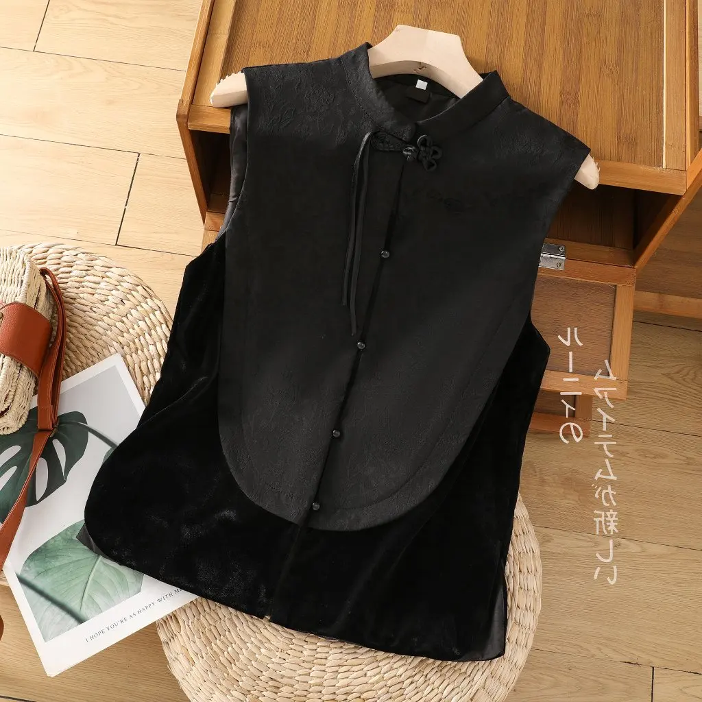 

Women's Large Size Retro National Style Chinoiserie Jacket Jacquard Stand Collar Plate Button Vest for Spring & Fall