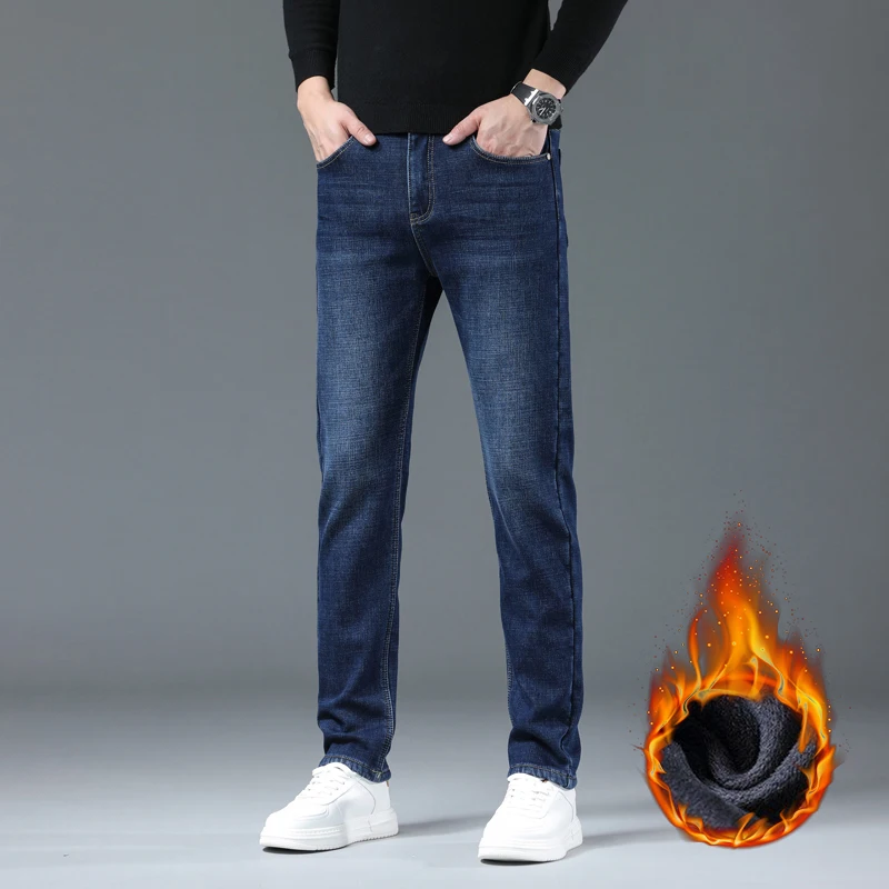 Pantalones vaqueros rectos de lana para hombre, pantalón informal, cómodo, grueso, cálido, a la moda, de terciopelo, para invierno