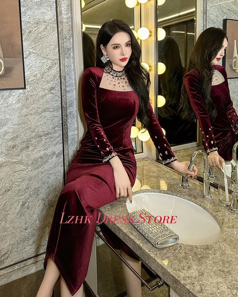 Temperamento personalizzato Velluto Dritto Abito da sera in cristallo Maniche lunghe di lusso O-Collo Lunghezza tè فسات Бmavera