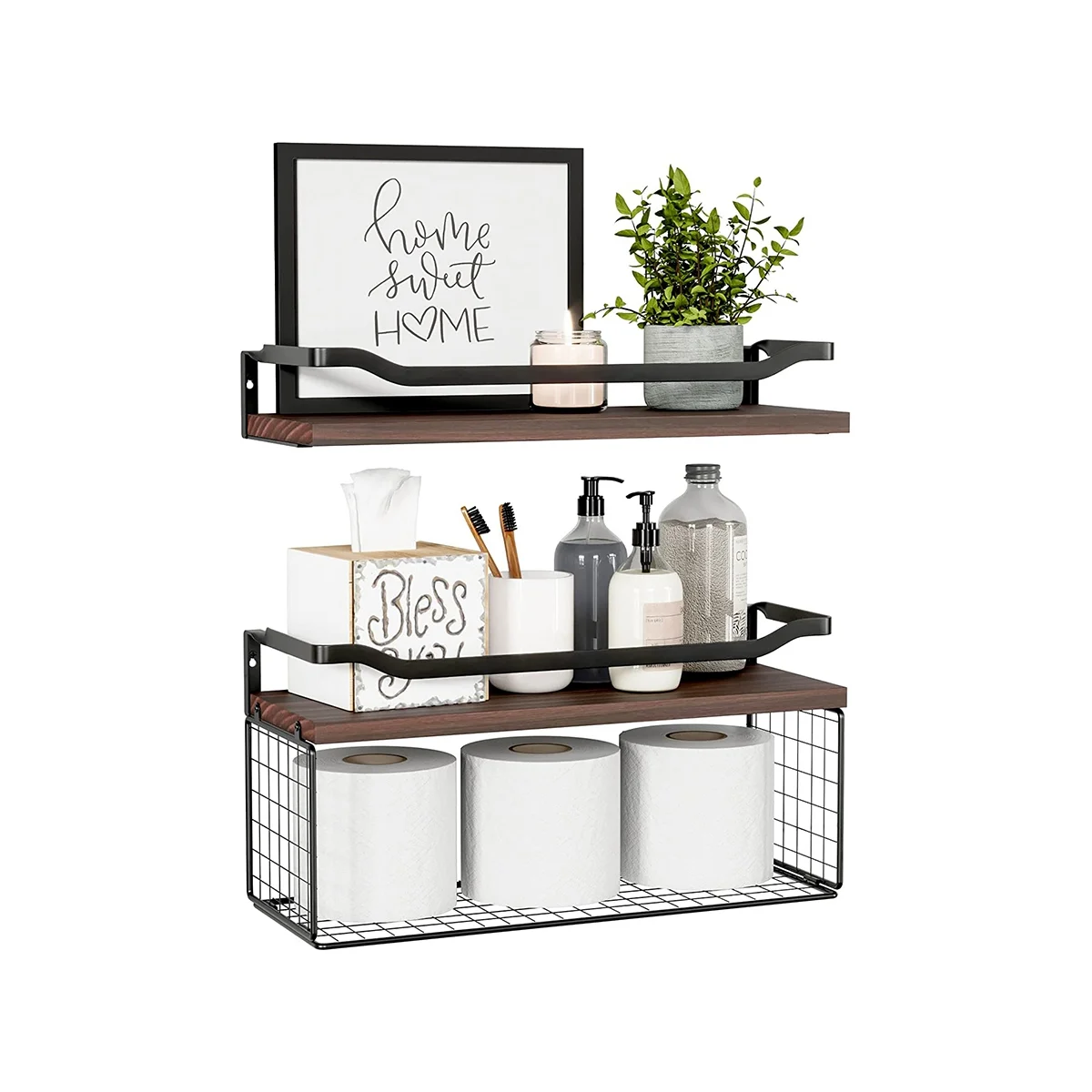 Floating Shelves with Wire Storage Basket, Bathroom Shelves Over Toilet with Protective Metal Guardrail