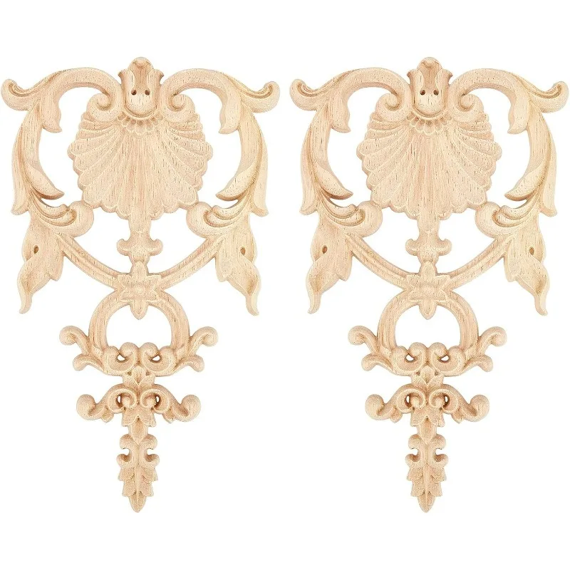 2PCS Carved Wood Appliques Onlays Wooden Decal Corner Frame 7.5x4.6inch Unpainted Wooden Onlay Wood Carving Appliques