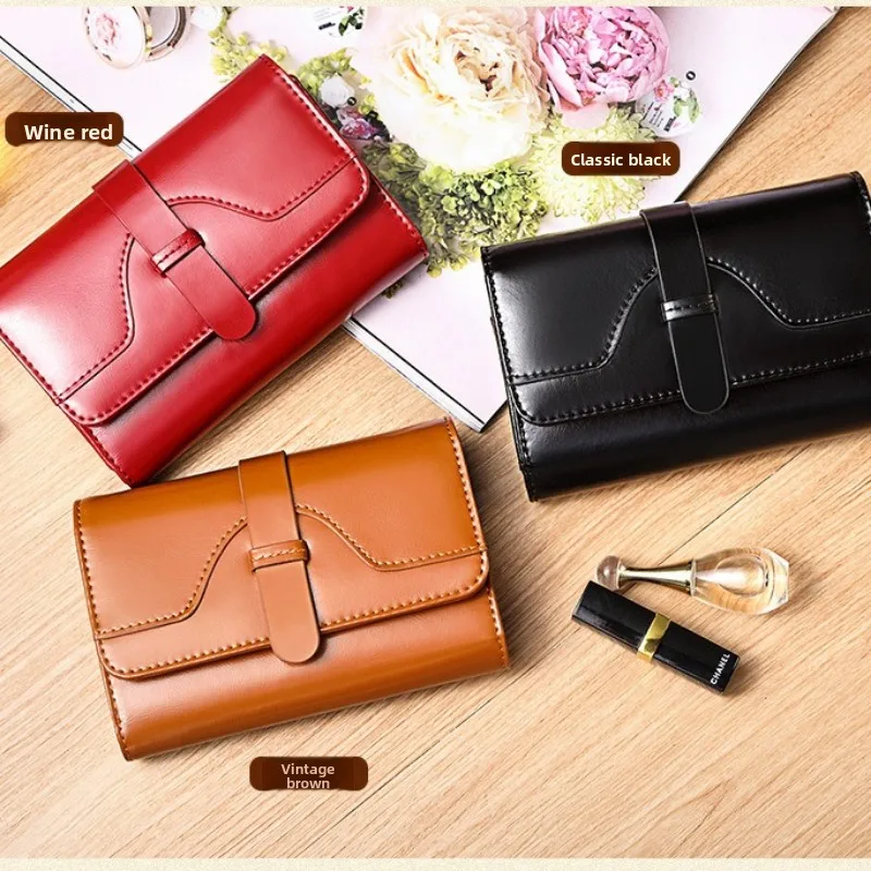 

New Arrival Women's Short Tri-fold Wallet Vintage Oil Wax Cowhide Leather with Snap Button Small Coin Purse