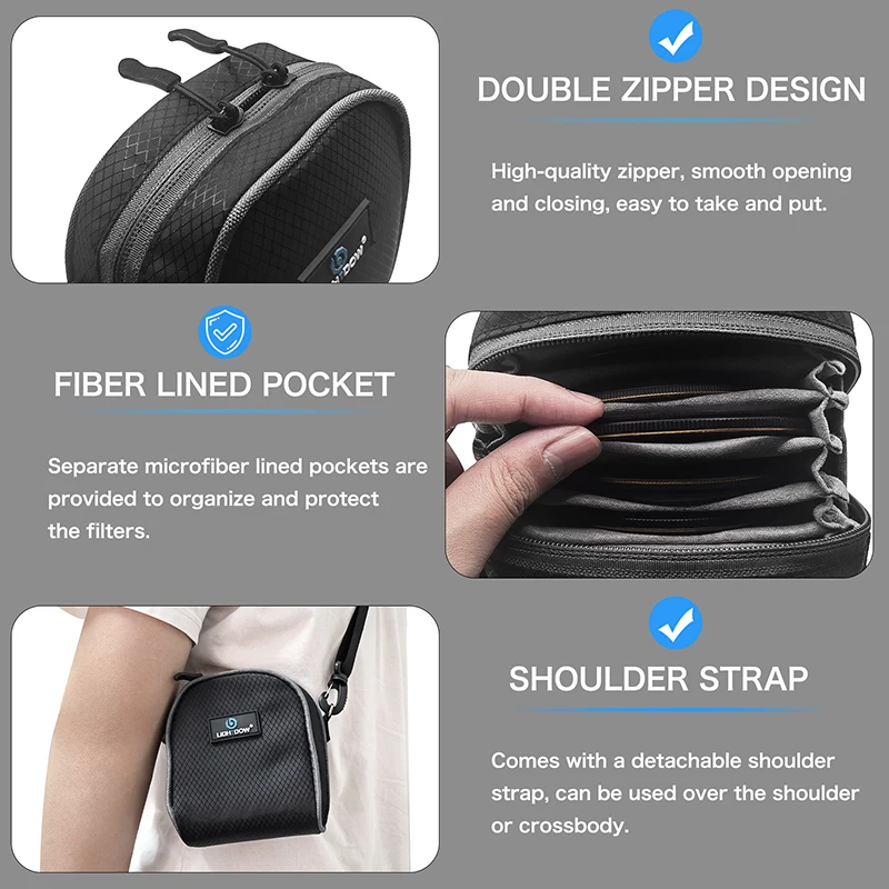 Lightdow Protective Lens Filter Storage Bag Camera Lens Filter Pouch Round Filter Case With Shoulder Belt for Lens Accessories