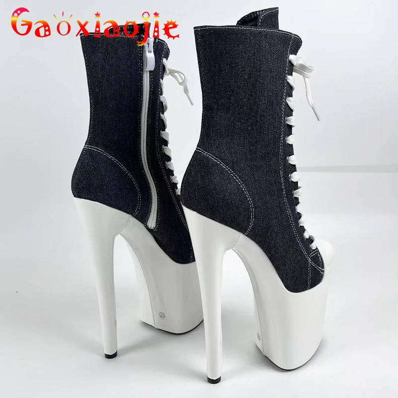 15 17cm 20CM Extreme High Heels Pumps Women Platforms Pole Dancing Lace-Up Short Boots Denim Fashion Model Shoes Fast Shipping