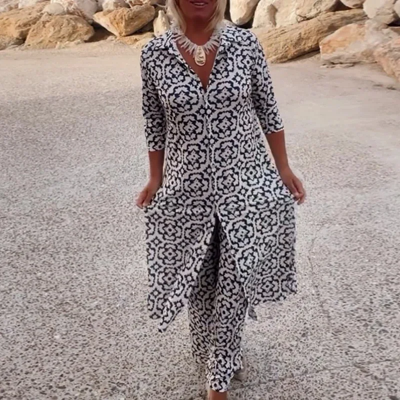 

Женская рубашка с короткими рукавами и длинными брюками, костюм весна-лето, тонкий свободный комплект из двух предметов, повседневный богемный наряд с узором и принтом