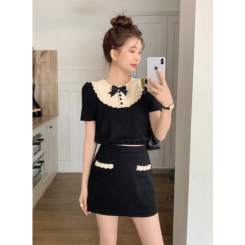 2024 Summer New French Elegant Lace Patchwork Top + Skirt Two-piece Women's Fashion Suit