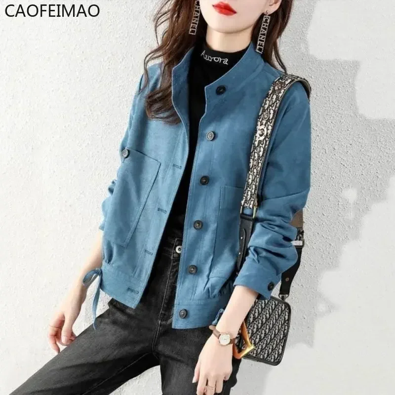 

Stand-Up Collar Corduroy Women's Jacket 2023 Spring Fashion Sashes Blue Veste Femme New Office Lady Single-Breasted Cropped Coat