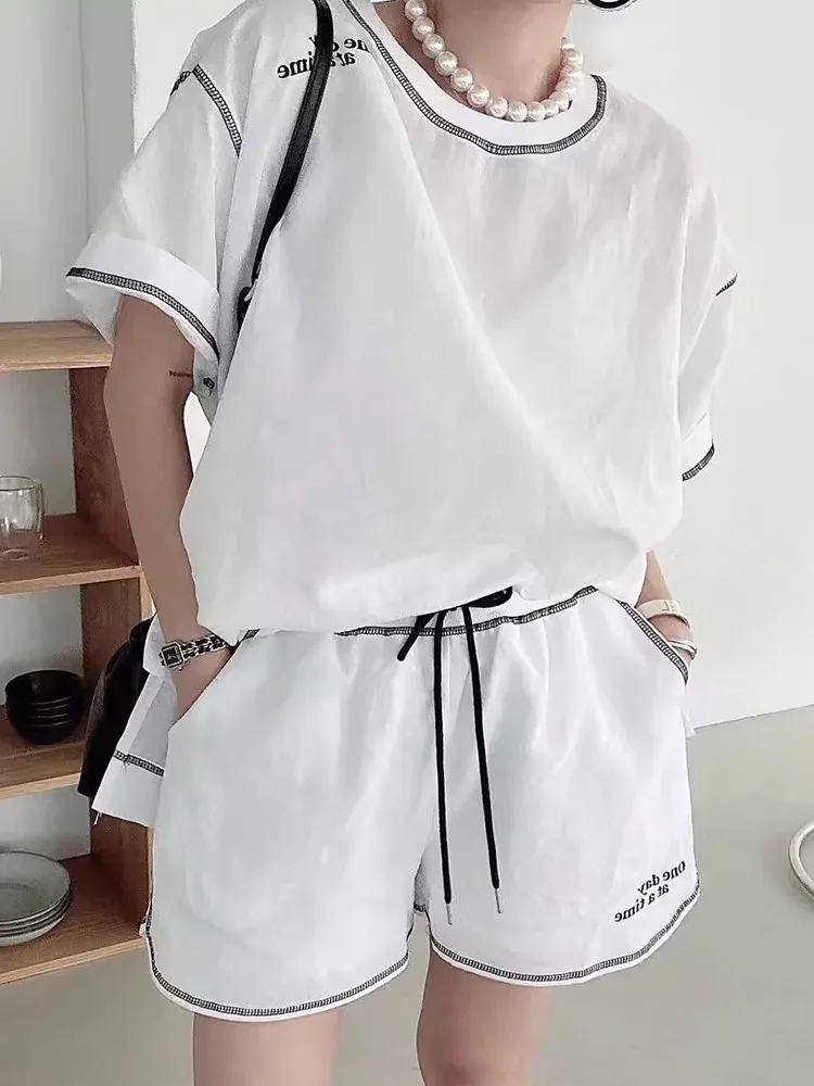 Summer New Letter Print Versatile Short Sleeve Tee+ Drawsting Shorts Set Loose Casual O-neck T-shirts 2pcs 2024 New Women Outfit