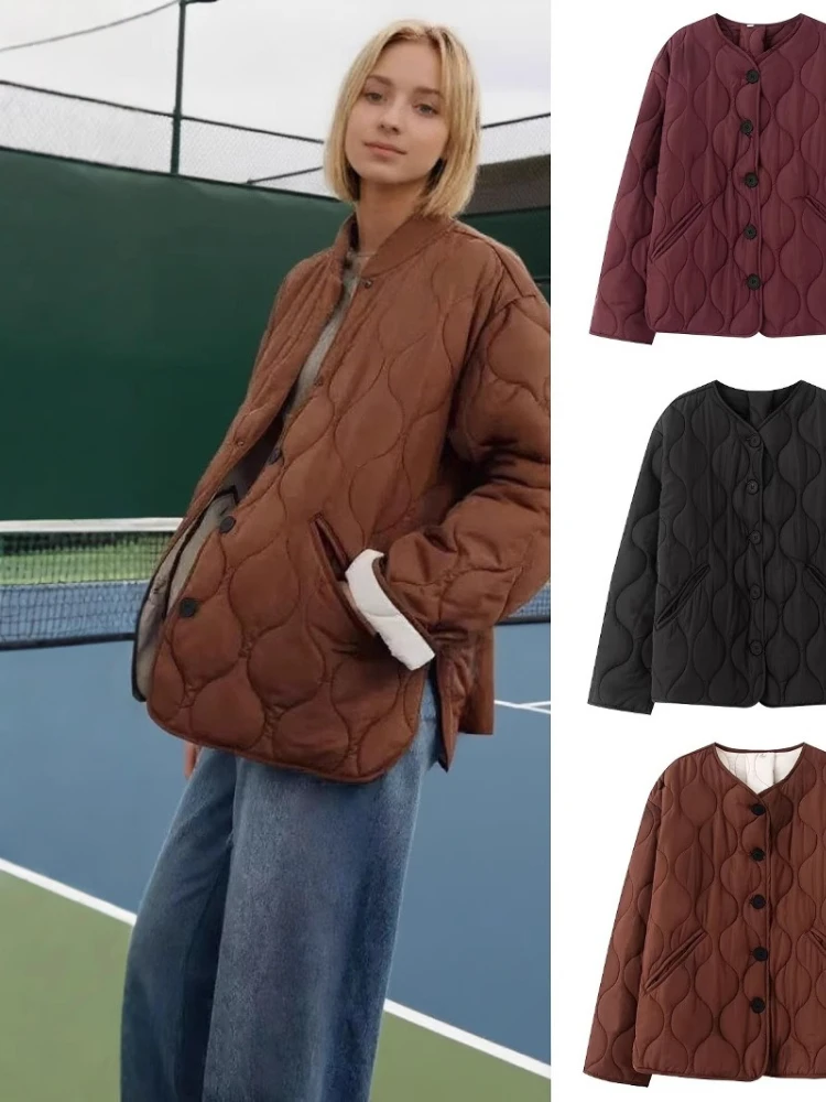 

2025 Fashion Autumn/Winter Simple and Versatile Round Neck Long Sleeve Cotton Coat Quilted Cotton Coat