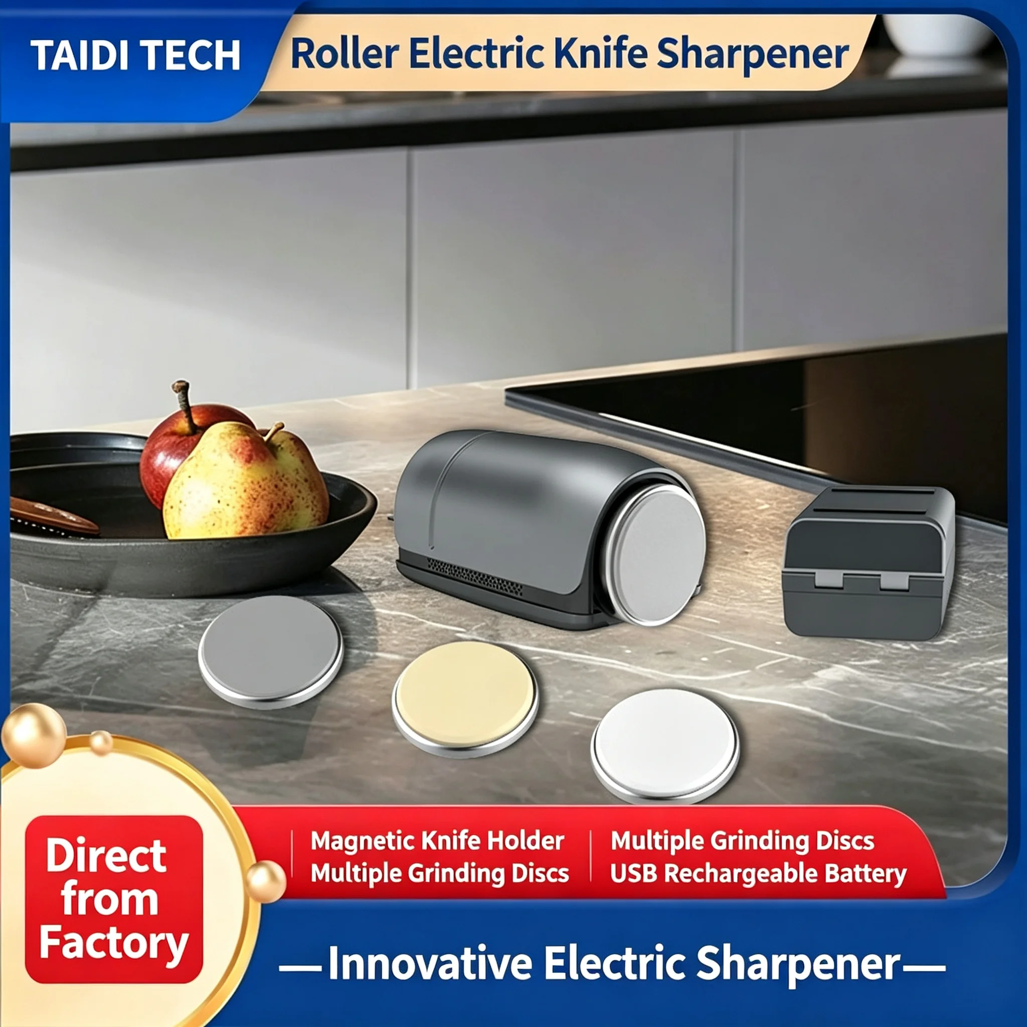 Electric Knife Sharpening Tool Magnetic Roller Grind Grip Rotundity Grindstone 4 Pcs Replaceable Grinding Disc Rechargeable