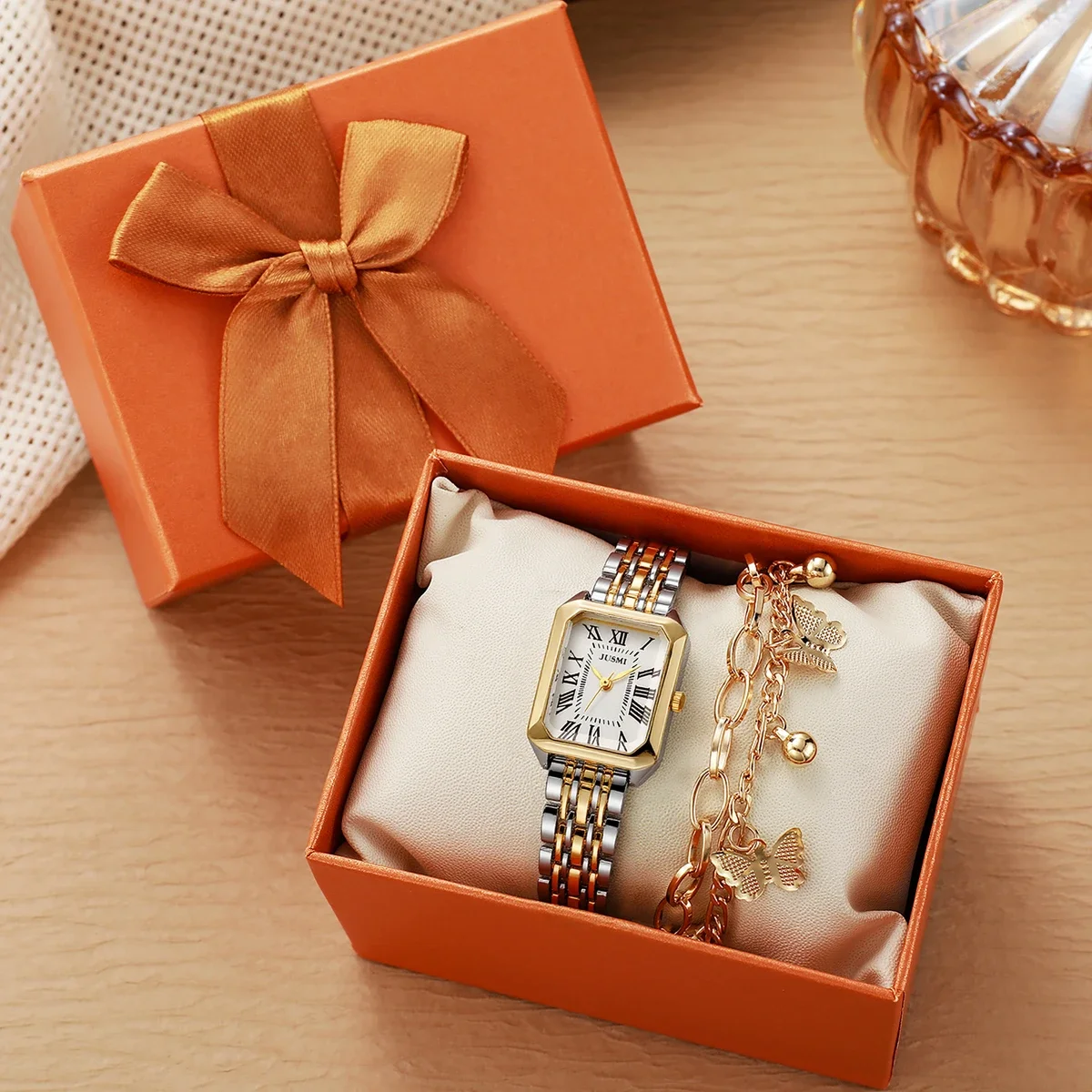 

Простой и стильный комплект украшений для женских кварцевых часов с квадратными римскими цифрами, подходит для повседневного ношения, праздничных подарков