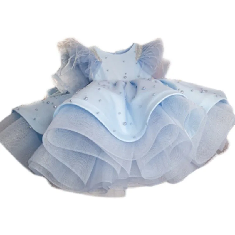 فستان بناتي من الريش والكتف واللؤلؤ من التول توتو فستان زفاف رسمي للأميرة للأطفال الصغار والطفلة