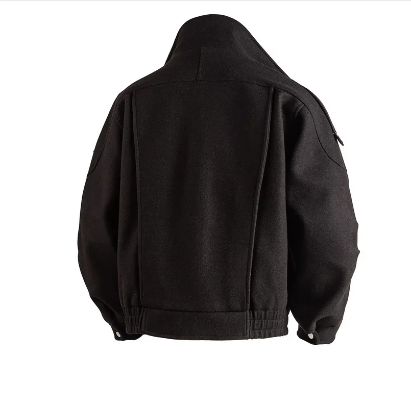 Autumn/Winter Short Strapped Stand-Up Collar Motorcycle Wool Jacket