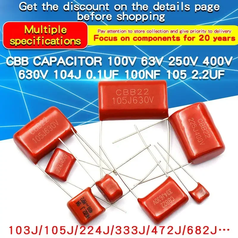 10PCS 100V 400V 630V CBB Kondensator z folii polipropylenowej 33nF 100nF 220nF 4.7nF 1uF 6.8nF 680nF 470nF 3.3uF 330nF 2.2uF 220nF 10NF