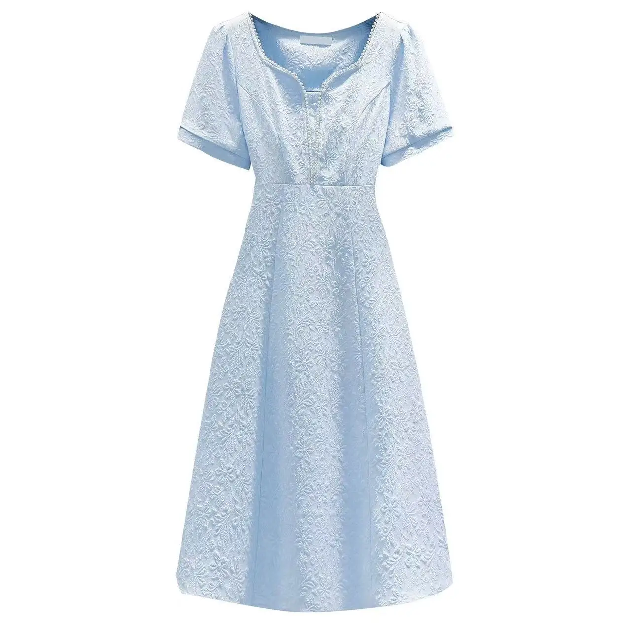 Nowa Sukienka Damska z Żakardowego Szyfonu w Temperamentnym Stylu, Letnia Moda, Kwadratowy Dekolt, Krótki Rękaw, Dopasowana Sukienka Midi, Słodka Sukienka Biurowa