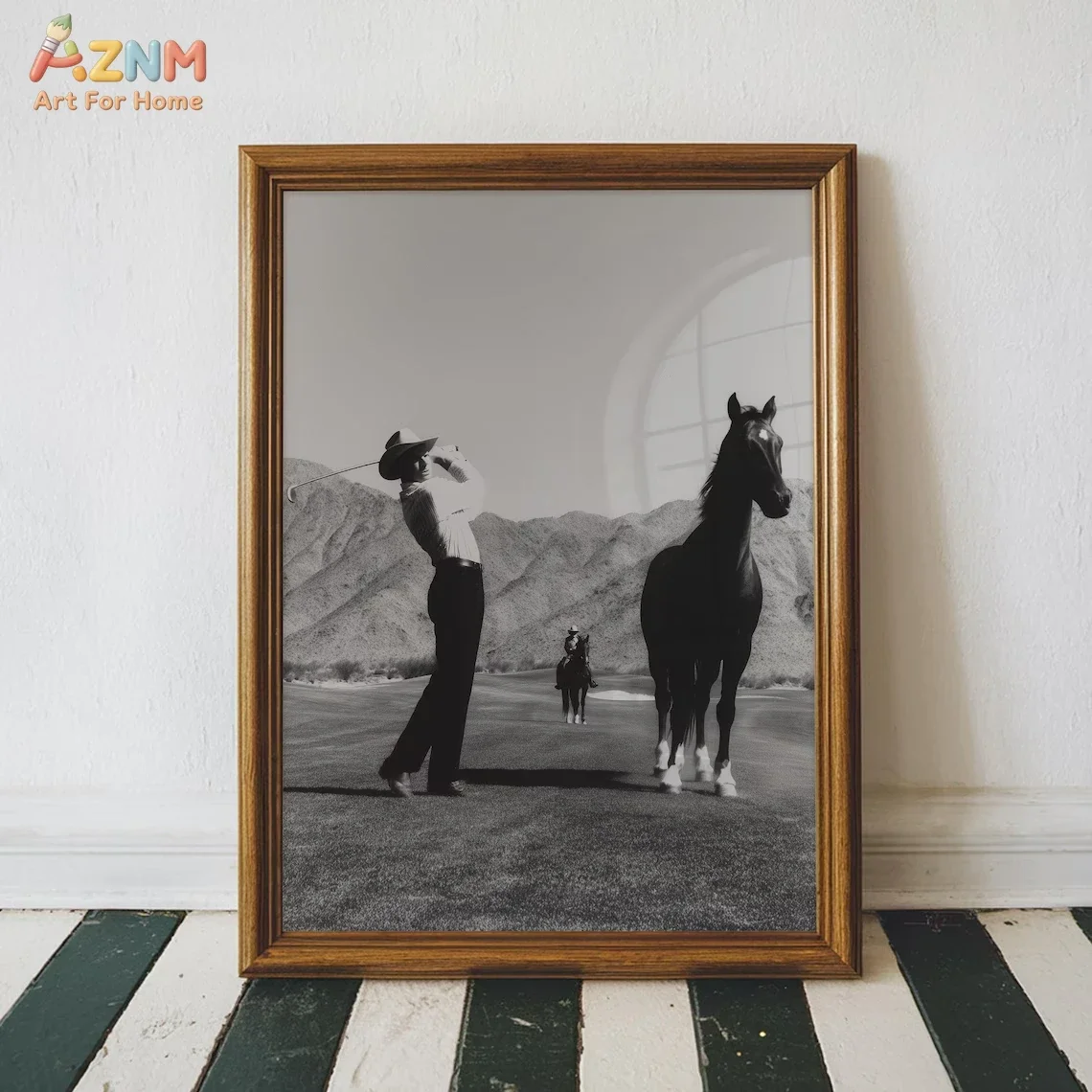 AZNM Black and White Cowboy Golfer Horse Canvas Print, Retro Western Desert Golf Course Unframed Canvas Painting, Trendy Wall Ar