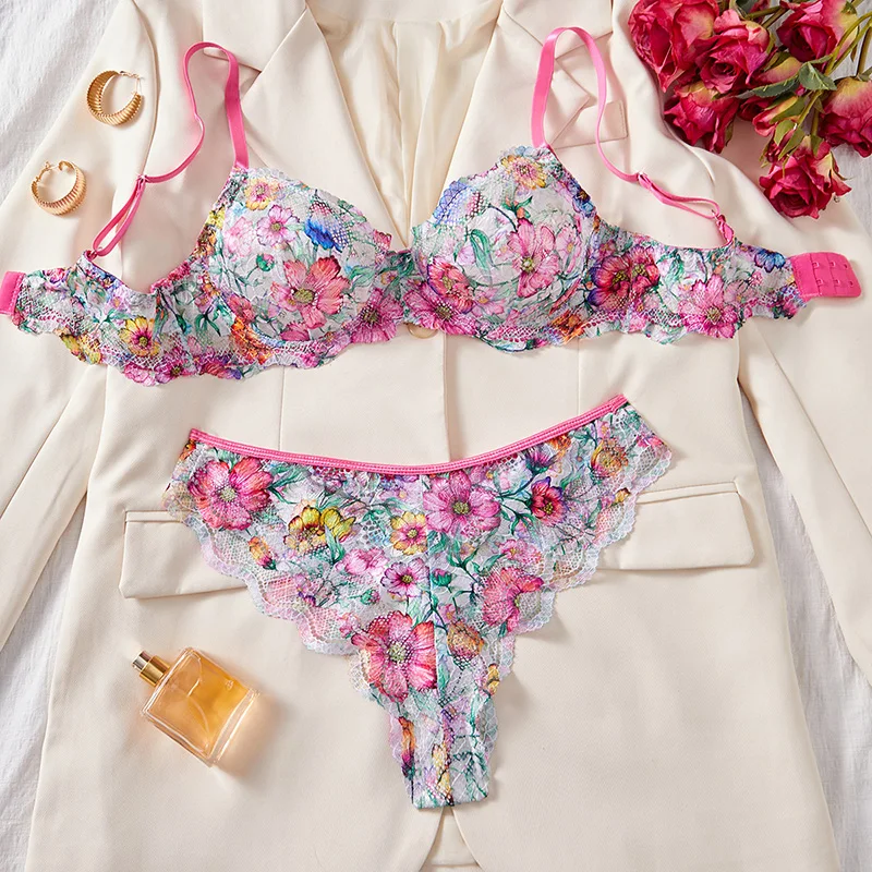 

Female Sexy Lingerie Sweet Print Mesh Underwear Beautiful Floral Bra Panty Set Summer Intimate Lingerie Ultra Sexy Bralette Set