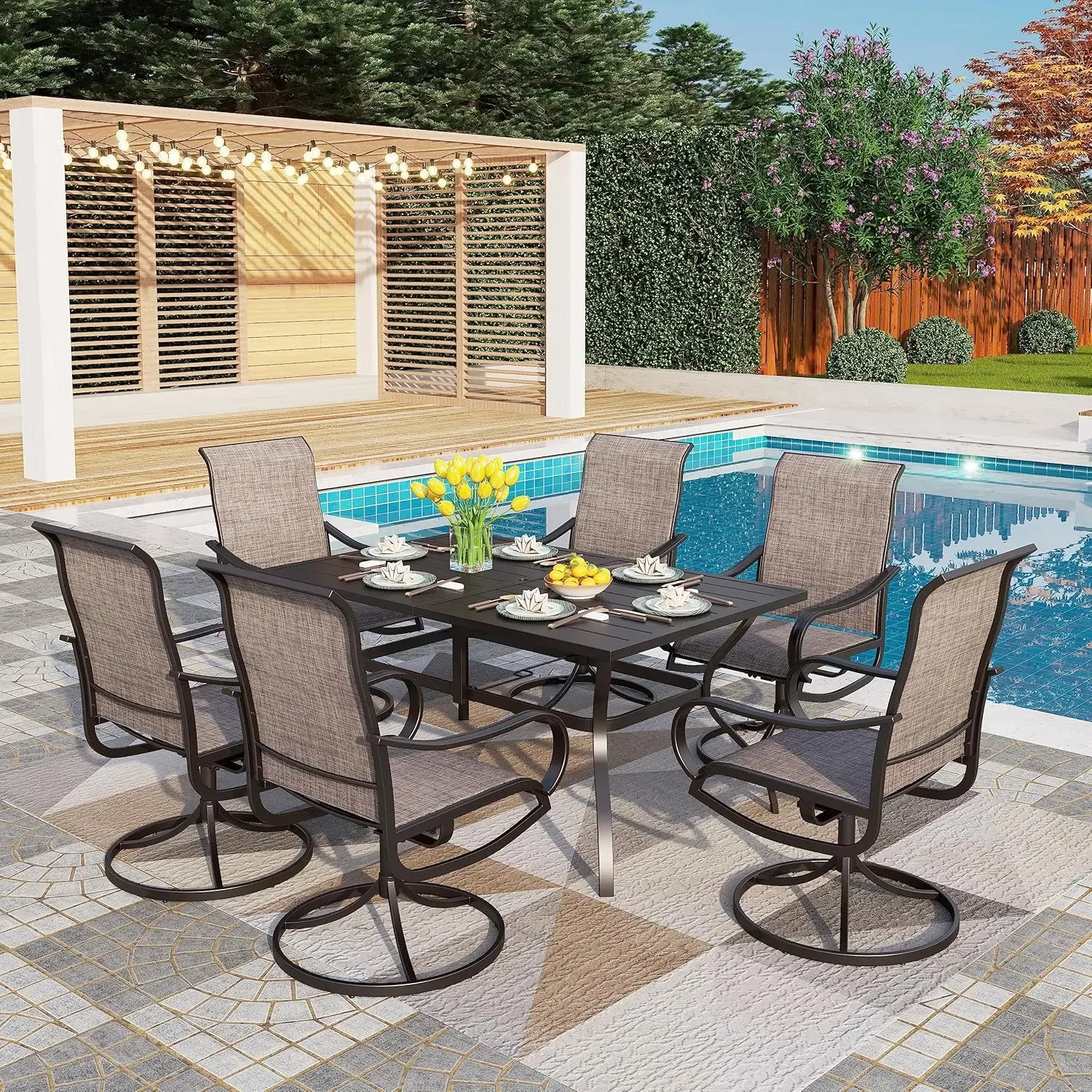 

Outdoor Patio Dining Set for 6, 7-Piece Table and Chairs with 6 Swivel Patio Chairs & 1 Rectangular Large Metal Table