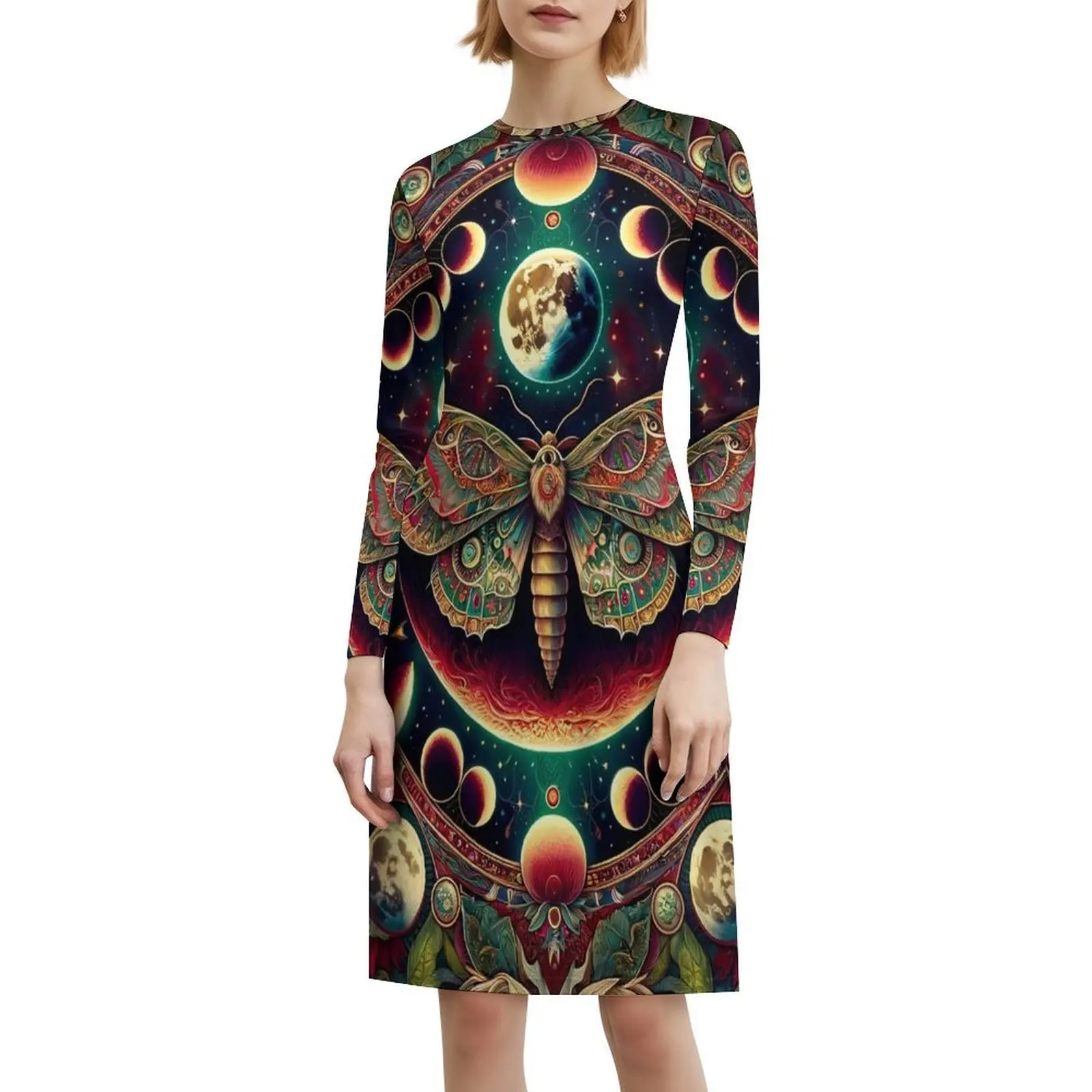 فستان قصير من Ethereal Moth Mandala Preppy للنساء على شكل حرف a فضفاض مناسب فستان يوم غير رسمي عثة سماوية ماندالا كونية قمية