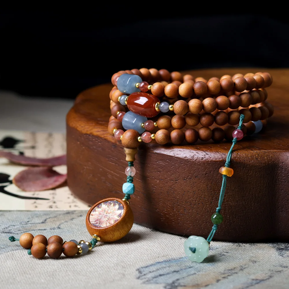 2026 Chinese Style New Model Sandalwood Multi-circle Bracelet Wenwan Nine-tailed Fox Hand String Round Bead Long Model Necklace