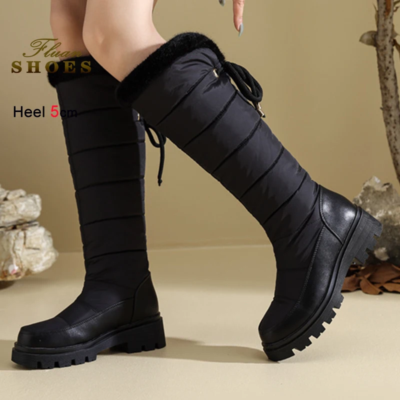 

2025 New Fall Winter Black Back Bow Women's Snow Boots Round Toe Knee High Boots Chunky Sloping Heels 5cm Thick Fur Warm Shoes