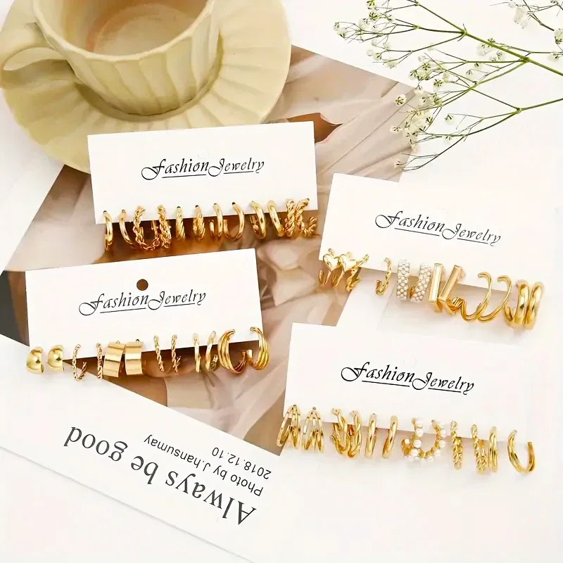 48PCS Golden Metal Hoop Earrings Set Multipack Trendy Silvery Chunky Earrings Jewelry Christmas Birthday Gift for Women