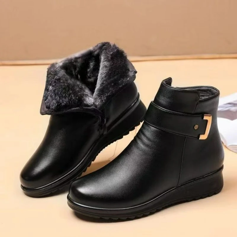 Damen Stiefeletten, flache Schneestiefel, Winter, weiche Sohle, Mama-Baumwollschuhe, runde Zehen, Damen-Freizeitstiefel, seitlicher Reißverschluss, warmer Lederstiefel