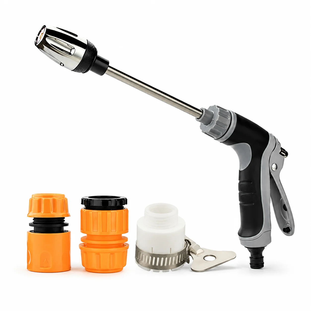 Long Metal Car Wash Water Gun Adjustable High Pressure Hose Spray Nozzle with Trigger Lock and 3 Connectors for Vehicle Cleaning