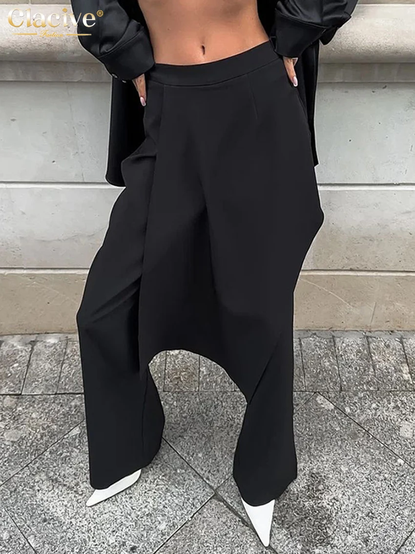 Clacive Fashion Slim Black Women's Pants 2025 Elegant Mid Waist Wide Pants Vintage Chic Full Length Trousers Female Clothing