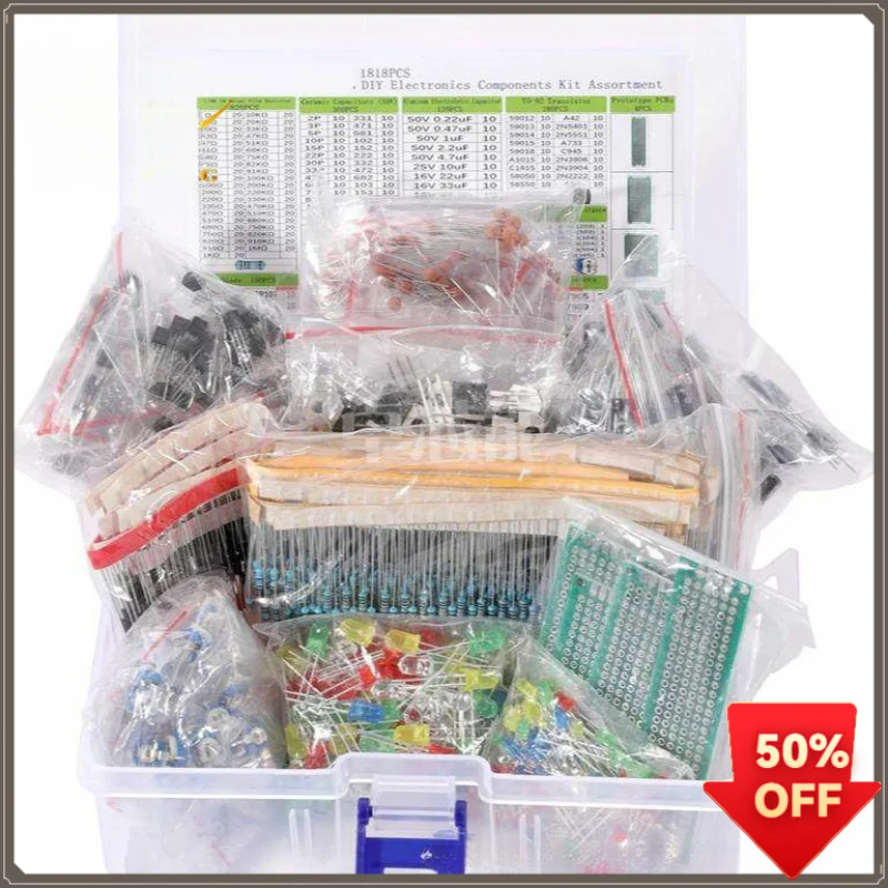 1818Pcs Mixed Electronic Components Box Radial Electrolytic Capacitor LED Light Diode Triode 1/4W Carbon Film Resistor Assorted