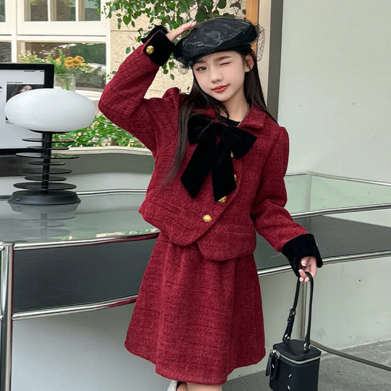 Teen Girls Christmas Red Skirt Clothes Set French Design Chic Big Bow Coat+Skirt 2pcs Junior Kid Suit Child Outfits Conjuntos