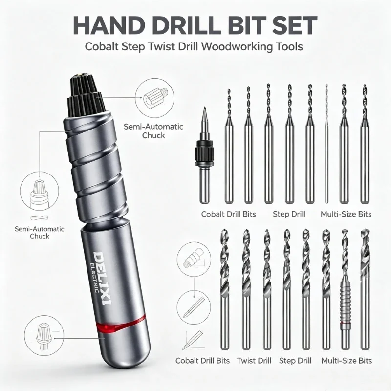 DELIXI Mini Hand Twisted Drill Hand Drill Semi Automatic Drilling Drill Bit Woodworking Home Cobalt Step Twist Bit Tool