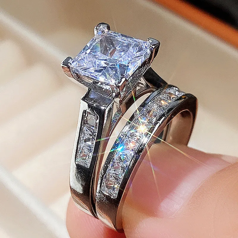 925 Sterling Silver New Women ring set Jewelry Big Square Zircon CZ Stone Engagement Wedding Ring set for women