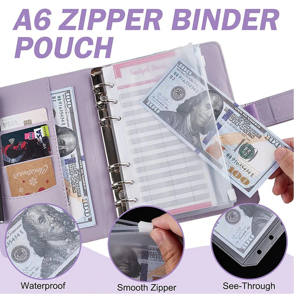 2024 Budget Binder A6 PU Leather Notebook Cash Envelopes System Set Clip-On Binder Pockets For Money Saving Bill Organizer Gifts