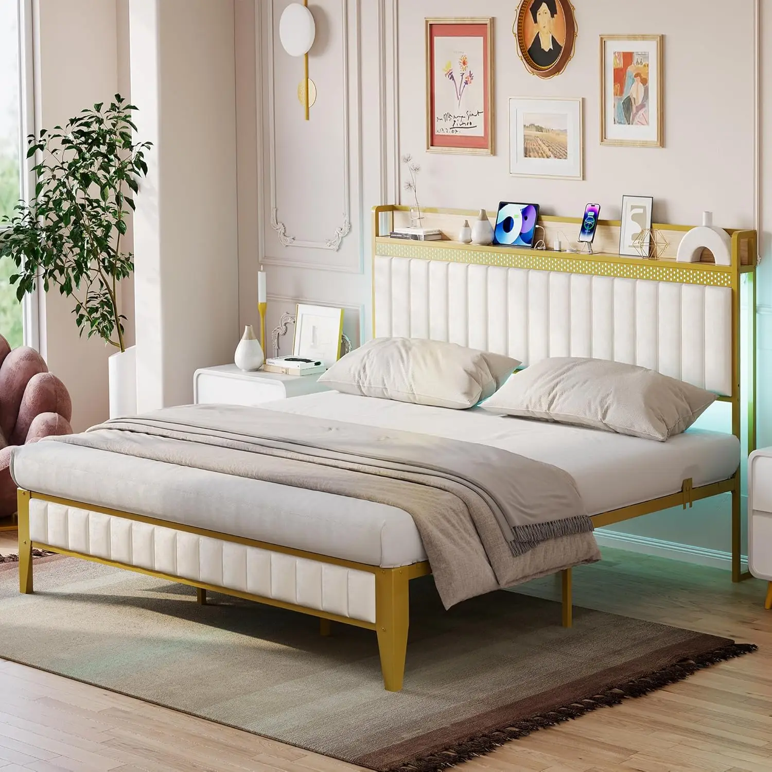 Queen Bed Frame With Charging Station, Led Bed Frame With Storage Headboard, Upholstered Platform Bed Frame, No Box Spring