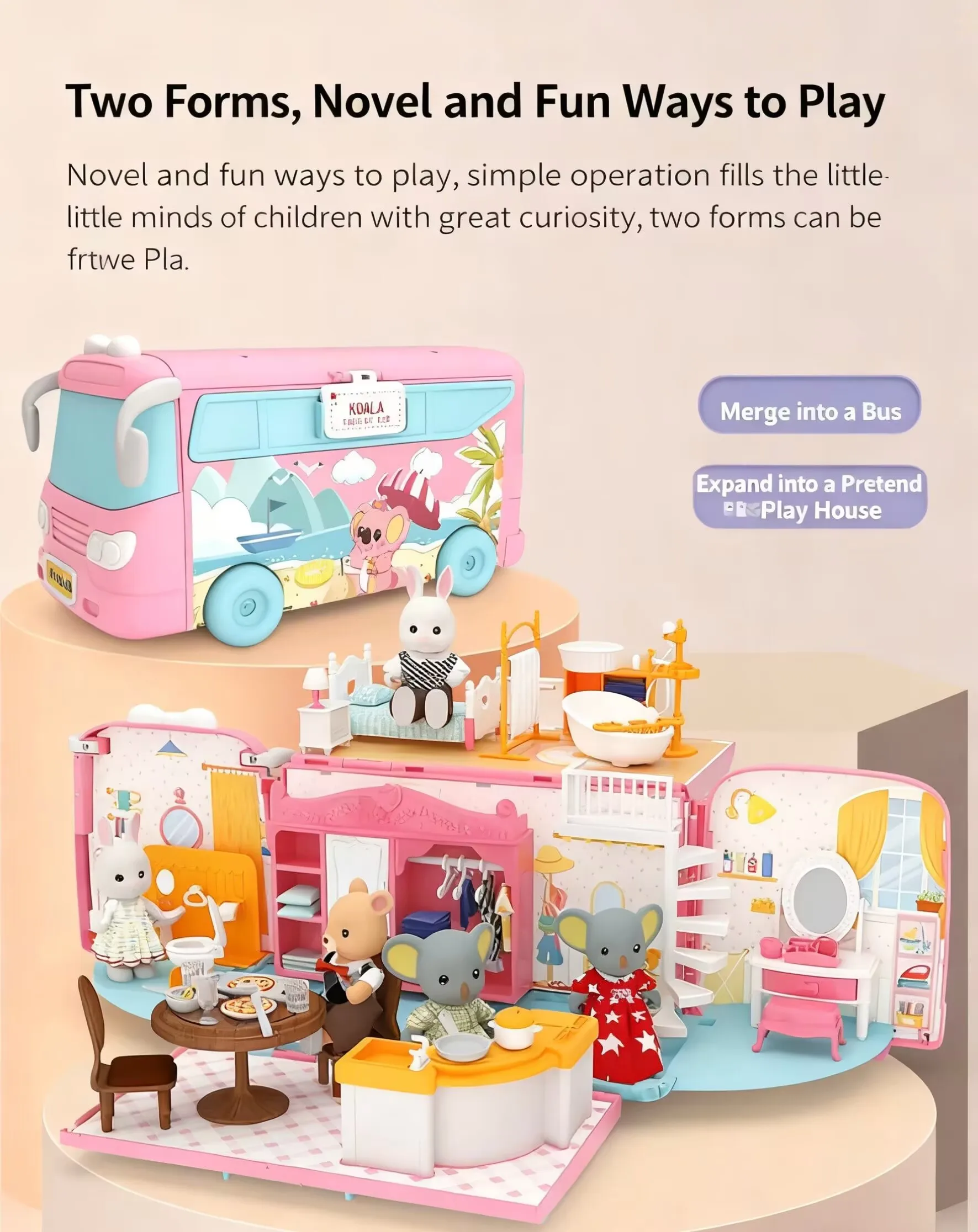 

Koala Diary Girl Dollhouse Playset with DIY Tour Bus - Bedroom, Dresser, Dining Kitchen, Bathroom Shop Pretend Play Family Toys